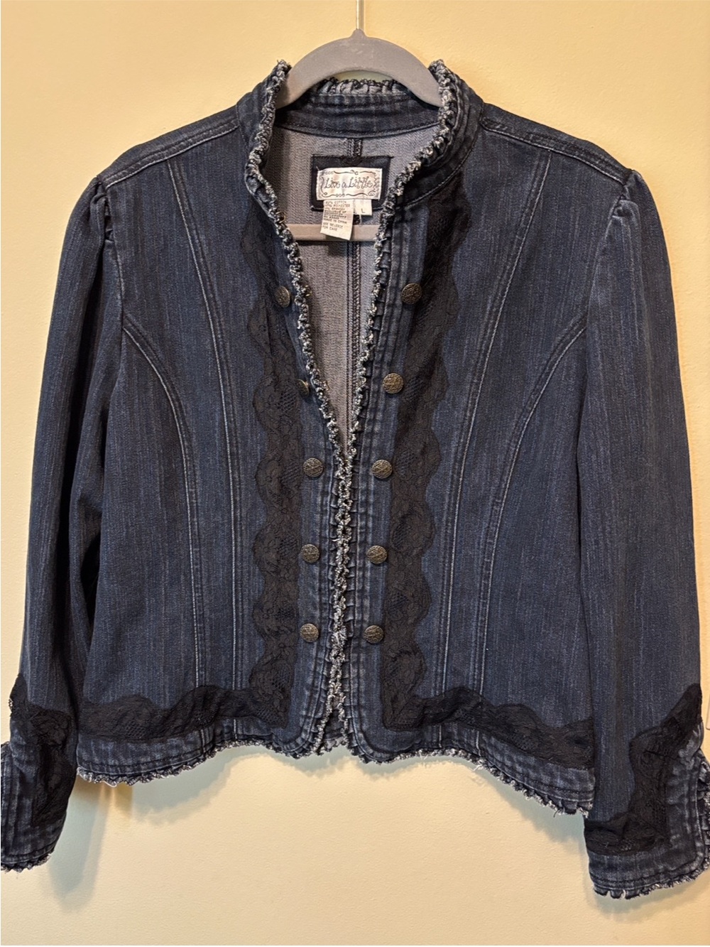 Live a Little Dark Blue Denim Jacket with black Lace Trim size large